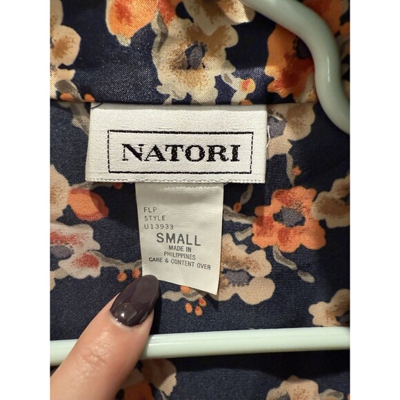 Natori Women's Blue Satin Kimono Robe w Lace Cuffs Belted Knee Length Small - Picture 4 of 6